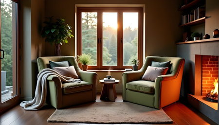 Cozy living room interior with two armchairs, coffee table and bookcase. 3d renderingの素材