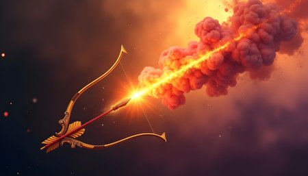 Cupid with bow and arrow in fire. 3D illustration.の素材
