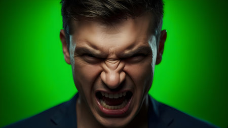 Angry young man on a green background. Human emotions, facial expression concept.の素材