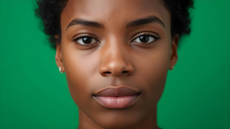 Close up portrait of a young african american woman on green backgroundの素材