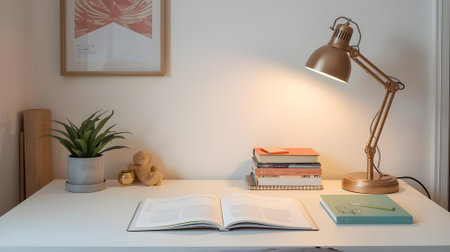 desk lamp and books on table in living room at home.の素材
