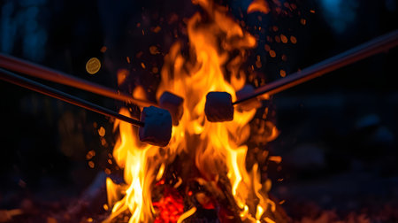 Grilled marshmallows on skewers over the campfire.の素材
