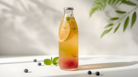 Refreshing lemonade with lime and mint in a bottle on a white backgroundの素材