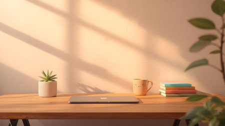 Minimal workspace with laptop and coffee cup on wooden table. 3D renderingの素材