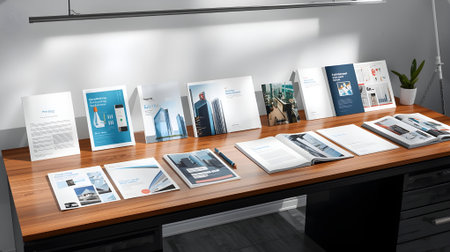 3d rendering of exhibition stand in modern art gallery with brochuresの素材