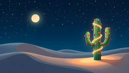 A beautiful pixel art illustration of a saguaro cactus decorated with Christmas lights and ornaments in a desert at night, under a starry sky and full moon. Perfect for holiday themes, unique celebratの素材