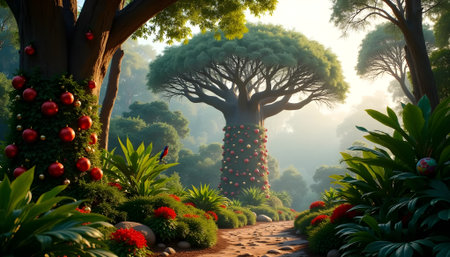 A magical and festive jungle path winds through lush greenery, leading to a grand baobab tree adorned with sparkling lights and red ornaments, creating an enchanting and vibrant atmosphere.の素材