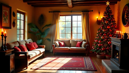 A warm and inviting living room decorated for Christmas, featuring a brightly lit Christmas tree, comfortable sofas with red pillows, a cozy fireplace, and natural light streaming through the window.の素材
