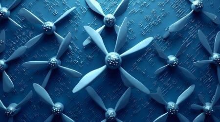 3d rendering of a lot of propellers on a blue backgroundの素材