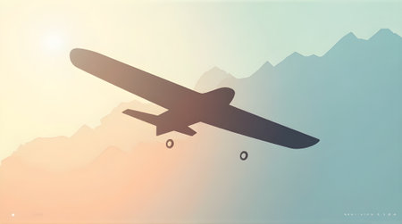 Minimalist vector illustration of an airplane silhouette flying over a mountain range during sunrise or sunset. Ideal for travel, aviation, and adventure concepts.の素材