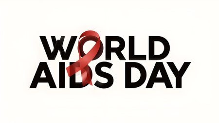 World AIDS Day typography with a prominent red awareness ribbon against a clean white background. This image symbolizes global solidarity and support for people living with HIV/AIDS and commemorates tの素材