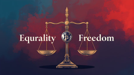 Conceptual image showing a golden scale balancing equality and freedom, symbolizing justice, human rights, and societal balance against a dramatic smoky background.の素材