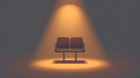 Two empty chairs dramatically illuminated by a bright spotlight in a dark, minimalistic setting. Evokes feelings of anticipation, isolation, or a waiting area. Perfect for concepts of solitude, perforの素材