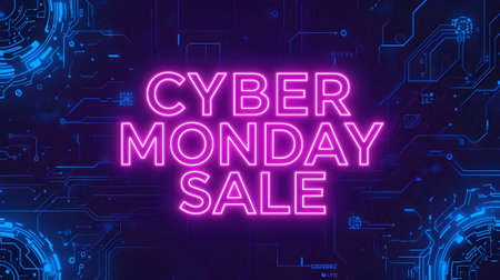 Bright neon text 'Cyber Monday Sale' glows on a futuristic dark background with blue circuit board lines. Ideal for online shopping promotions, tech deals, and digital marketing campaigns.の素材