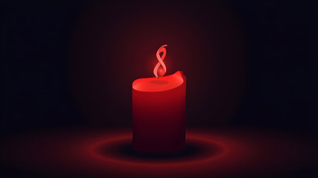 A single vibrant red candle casting a soft, warm glow in a dark, serene environment. The subtle light creates a peaceful and contemplative atmosphere, perfect for themes of remembrance, romance, or meの素材
