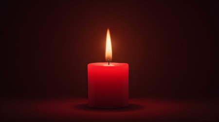 A single red pillar candle with a bright, warm flame stands out against a dark, somber background, creating a peaceful and contemplative atmosphere. Ideal for themes of hope, remembrance, and tranquilの素材