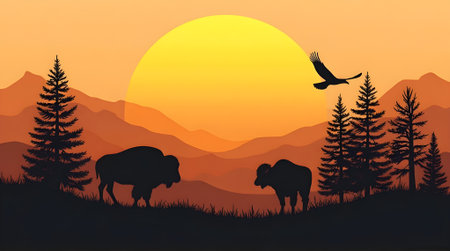 Silhouette of bison in the mountains at sunset. Vector illustrationの素材