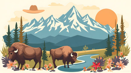 Wild bison in the mountains. Vector illustration in flat style.の素材