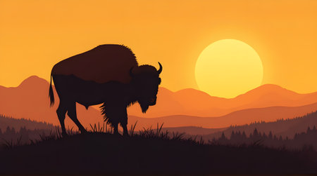 Bison in the mountains at sunset. Cartoon style. Vector illustration.の素材