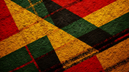 Vibrant abstract geometric pattern featuring overlapping shapes in red, yellow, green, and black. Rough texture background with diagonal lines creating a dynamic and modern design. Ideal for backgrounの素材