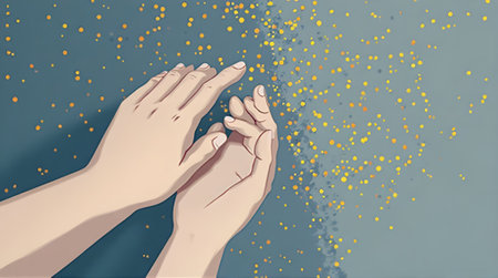 An enchanting anime illustration featuring graceful hands surrounded by shimmering golden particles against a serene blue background. Evokes a sense of magic wonder and celebration. Perfect for fantasの素材