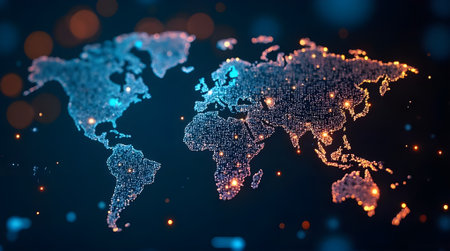 World map with glowing dots and lines. Global network connection. 3D renderingの素材
