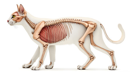 Detailed 3D render of a cat's anatomy, showcasing its skeleton, bones, and internal organs like the rib cage. Ideal for veterinary, educational, and scientific purposes.の素材