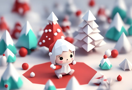 A charming 3D render depicting a cute polygonal Christmas character surrounded by geometric trees and festive ornaments on a snowy background. Perfect for holiday greetings and winter designs, evokingの素材