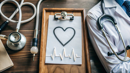 Stethoscope and cardiogram on wooden table with copy space.の素材