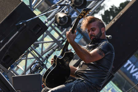 Bergamo, Italy. 5st August 2017. Rock Metal band Sound Storm performs at the Metal for Emergency in Filagosto Festival. Brambilla Simone Photography Live Newsのeditorial素材