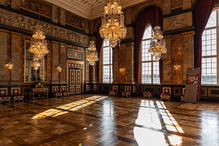 Interiors of royal halls in Christiansborg Palace in Copenhagen, Denmark, imperial room with antique...