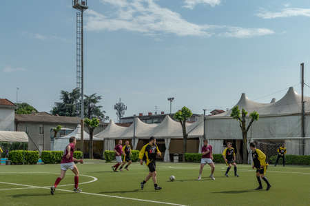 Bergamo, Italy - May 6, 2018: The Lombard football teams GS Santa Maria di Oleno and Murazzi competes for the third year in a single game at the football field of Dalmine, in the province of Bergamo.のeditorial素材