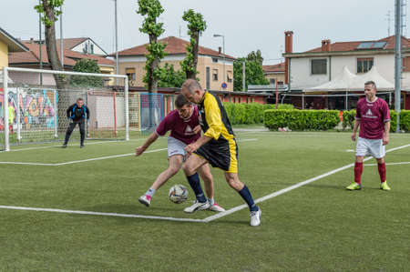 Bergamo, Italy - May 6, 2018: The Lombard football teams GS Santa Maria di Oleno and Murazzi competes for the third year in a single game at the football field of Dalmine, in the province of Bergamo.のeditorial素材