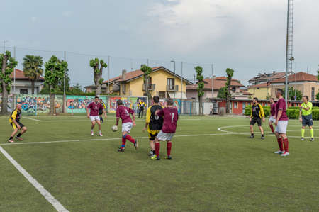 Bergamo, Italy - May 6, 2018: The Lombard football teams GS Santa Maria di Oleno and Murazzi competes for the third year in a single game at the football field of Dalmine, in the province of Bergamo.のeditorial素材