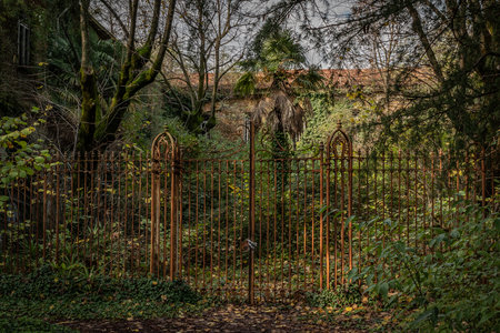 Old rusty railing of an abandoned madhouse, urbex photography in abandoned places in Italyの写真素材