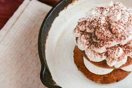 Tiramisu matte and toned served on antique iron pan selective focusの写真素材