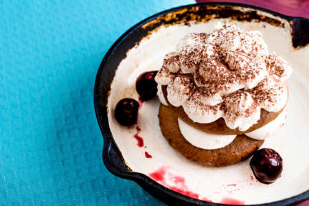 Tiramisu with red cherries served on antique iron pan toned  selective focusの写真素材