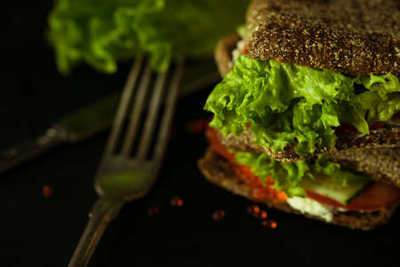 Fresh green sandwich with caviar and cream cheese selective focus darkの写真素材