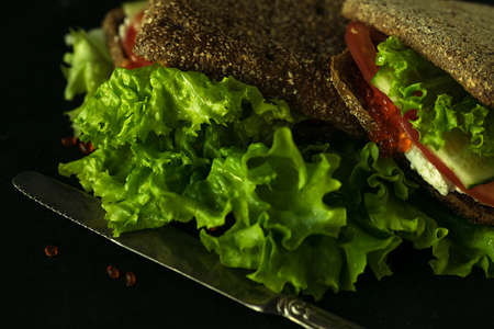 Fresh green sandwich with caviar and cream cheese selective focus darkの写真素材