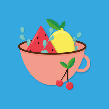 Fruits in cup on bright blue background.のイラスト素材
