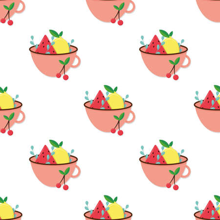 Fruits in cup on white background seamless pattern.のイラスト素材