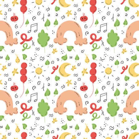 Doodle children seamless pattern with rainbow, leaves, clouds, moon and sun.のイラスト素材