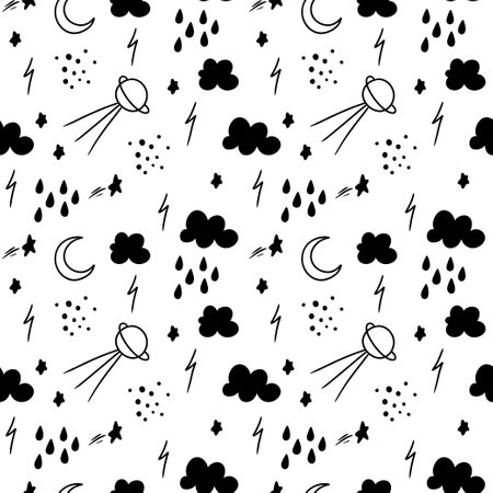 Kids seamless pattern with clouds, plantes, stars, raindrops and satellite.のイラスト素材