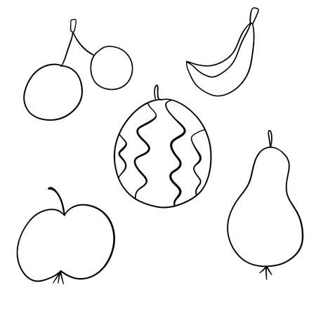Black outline doodle fruit set with apple, pear, watermelon, banana, cherry.のイラスト素材