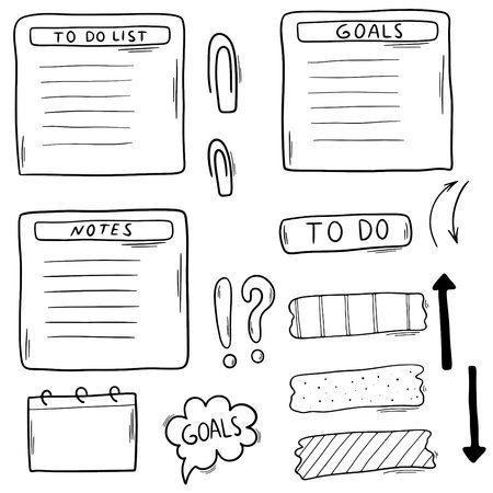 Bullet journal hand drawn element set, sticker and planer in doodle style.のイラスト素材