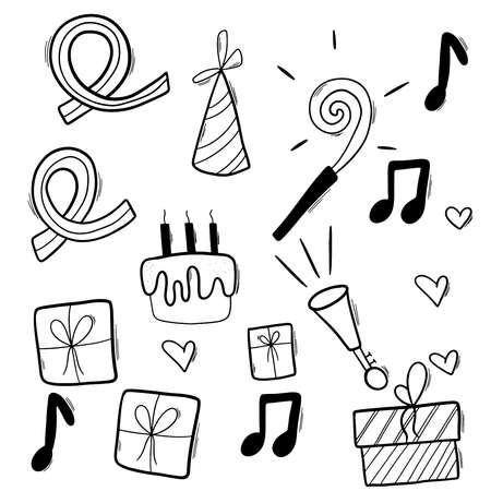Happy birthday doodle black elements set with birthday cake and garlands.のイラスト素材