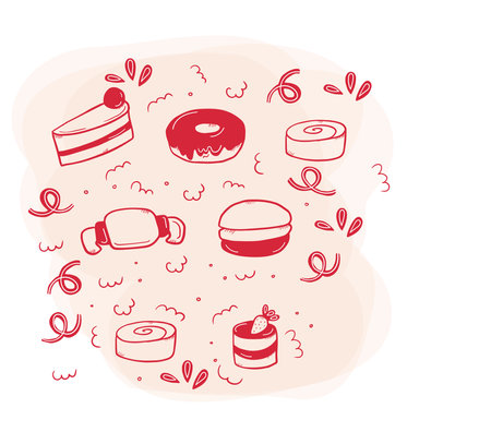 Bakery set with cake, croissant, macaroon, donut and cinnamon roll.