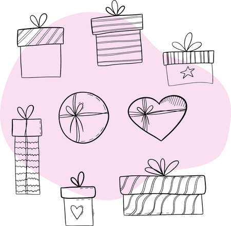 Black outline doodle gift boxes set on pink bubble background.のイラスト素材