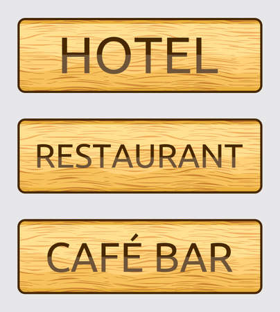 Wooden hotel , restaurant and cafe bar door signsのイラスト素材