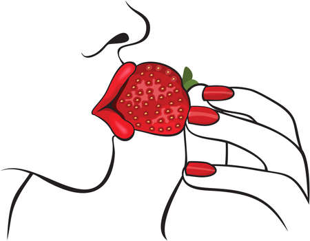 Beautiful woman with red lips eating strawberryのイラスト素材
